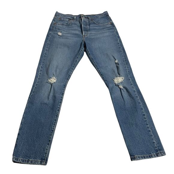 Levis 501 Womens Jeans Size 28 Button Fly Straight Medium Wash Distressed Denim - Picture 1 of 12